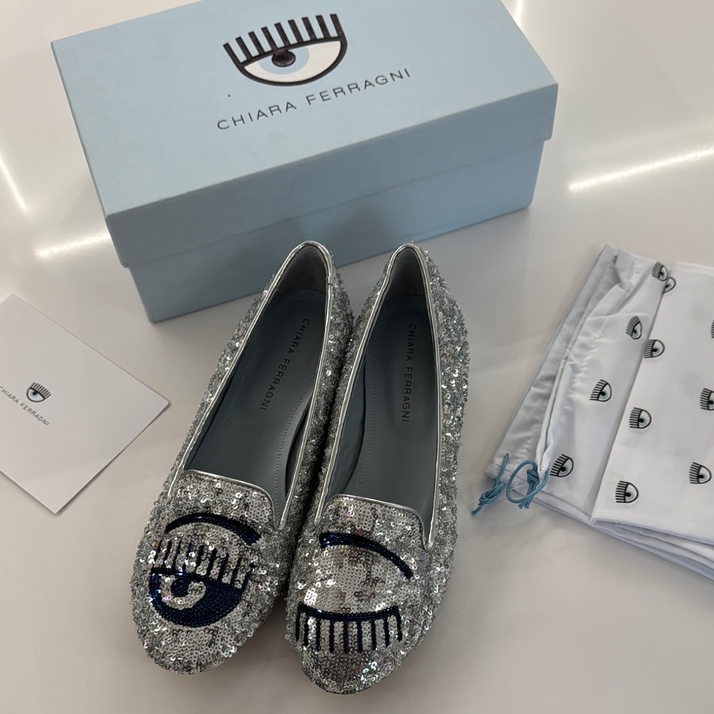 Chiara Ferragni Silver Glitter Loafers